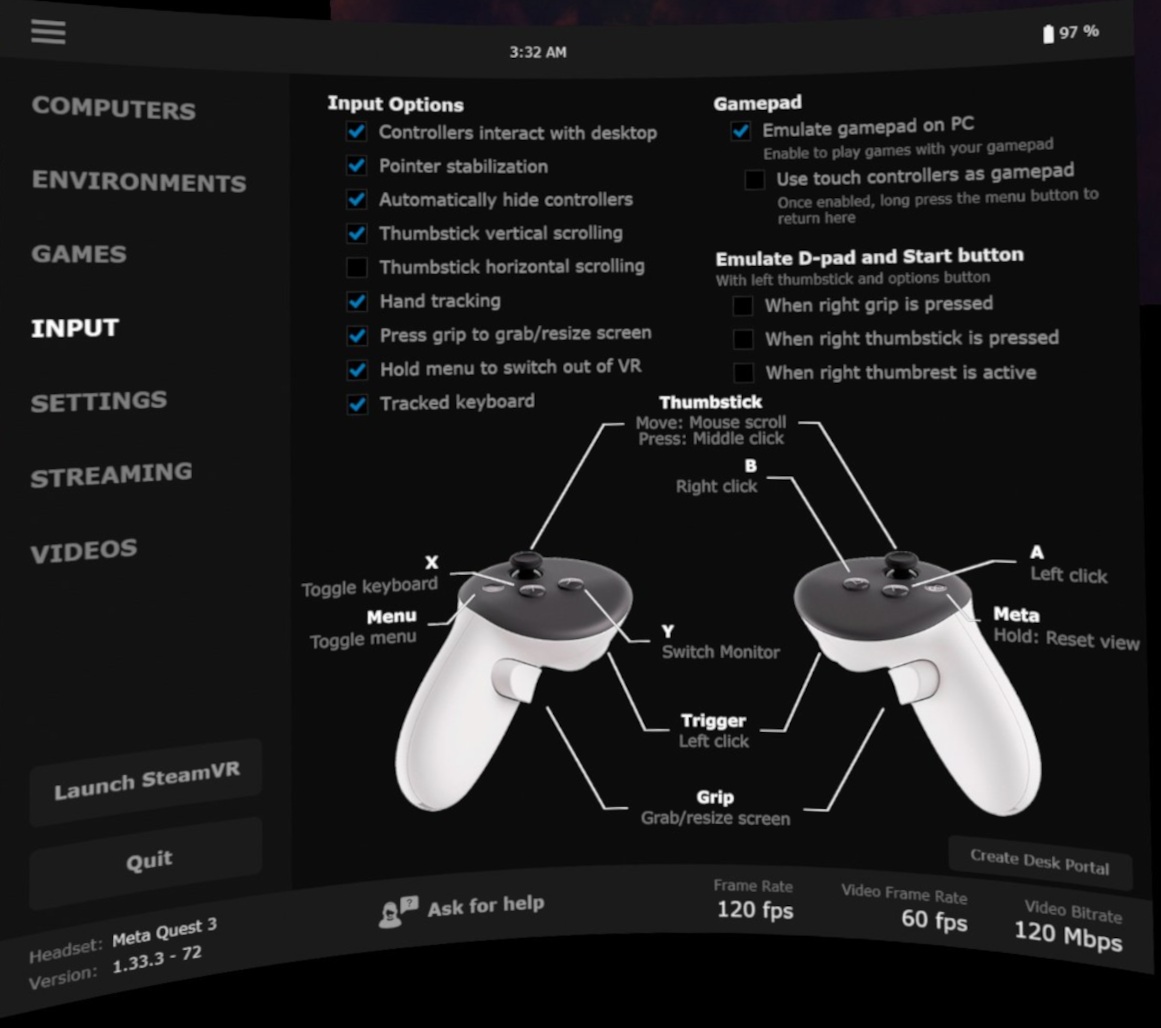 Virtual Desktop Controller Settings