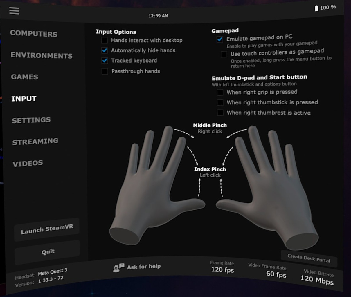 Virtual Desktop Hand Tracking Settings