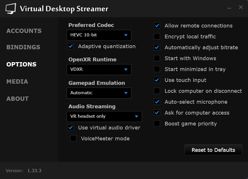 Virtual Desktop Video Options interface showing codec selection, adaptive quantization, and automatic bitrate settings